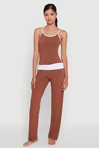 Womens Contrast Trim Pajama Cami and Fold Over Pants Set,