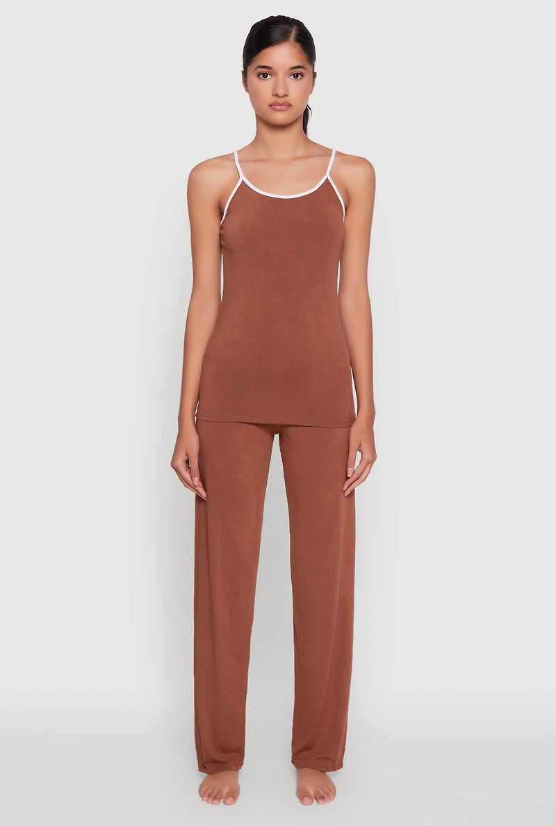 Womens Contrast Trim Pajama Cami and Fold Over Pants Set,