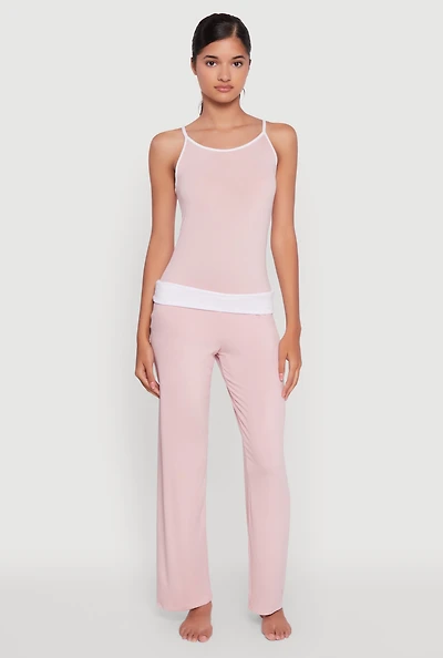 Womens Contrast Trim Pajama Cami and Fold Over Pants Set, Pink, Size XL