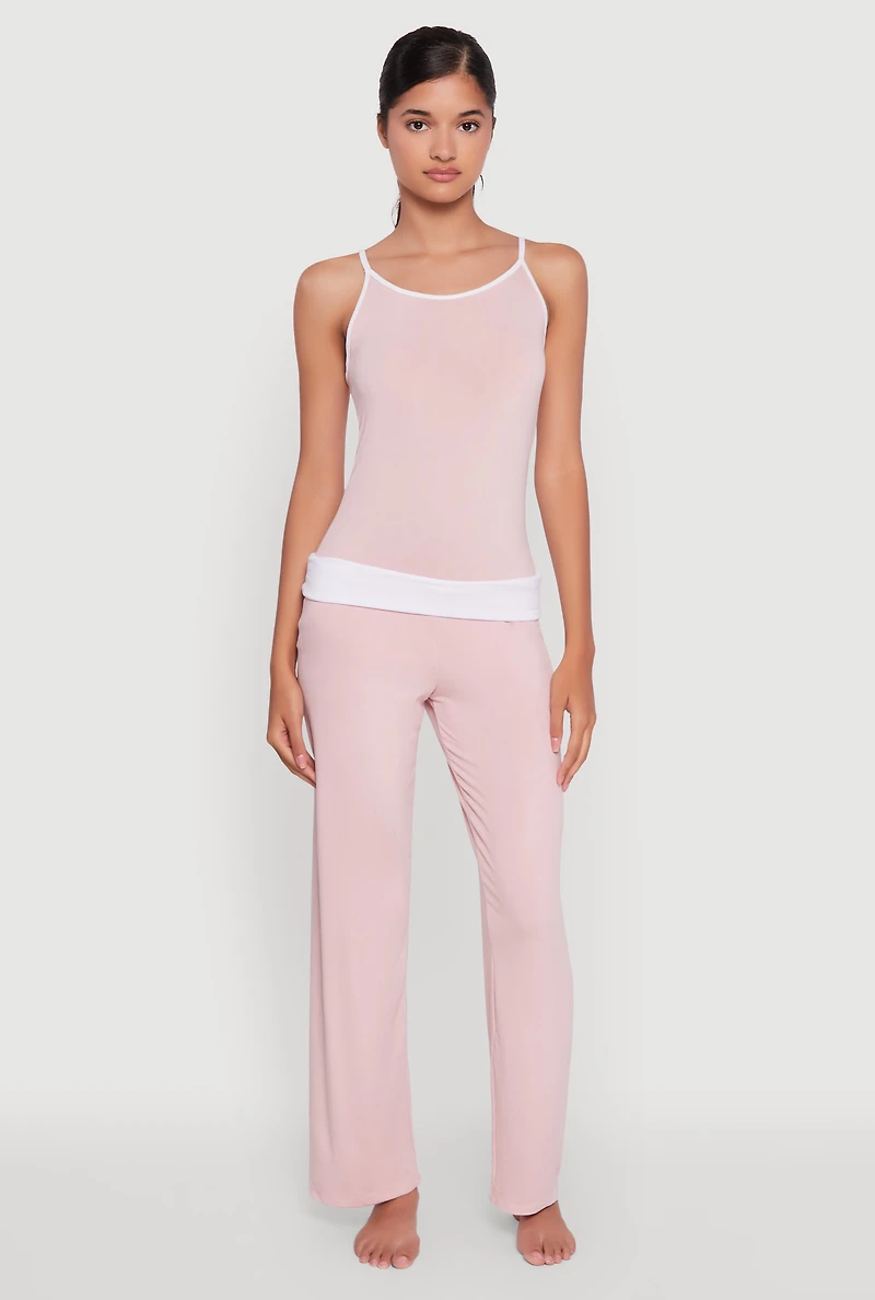 Contrast Trim Pajama Cami and Fold Over Pants Set