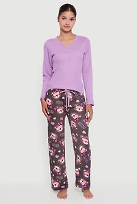 Womens Lettuce Edge Pajama Top and Plush Dream Bear Graphic Pants, Multi, Size M