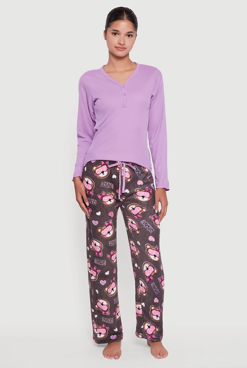 Womens Lettuce Edge Pajama Top and Plush Dream Bear Graphic Pants, Multi,