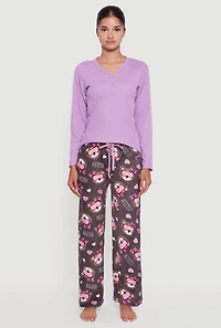 Womens Lettuce Edge Pajama Top and Plush Dream Bear Graphic Pants, Multi, Size M