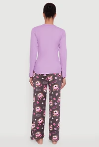 Womens Lettuce Edge Pajama Top and Plush Dream Bear Graphic Pants, Multi, Size M