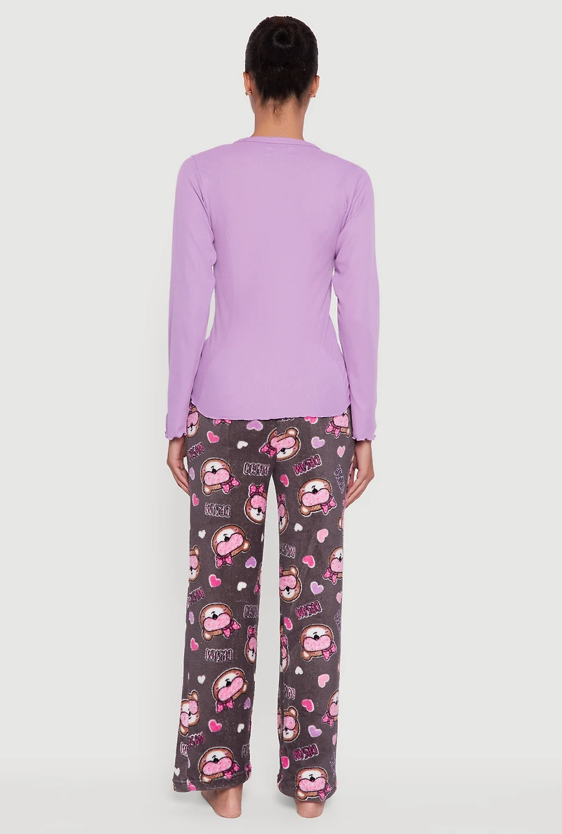 Womens Lettuce Edge Pajama Top and Plush Dream Bear Graphic Pants, Multi,