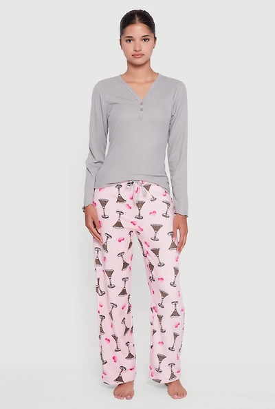 Womens Lettuce Edge Pajama Top and Plush Espresso Martini Graphic Pants, Multi, Size L