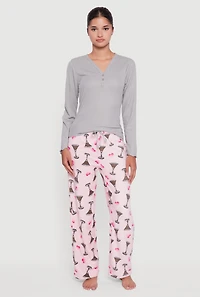 Womens Lettuce Edge Pajama Top and Plush Espresso Martini Graphic Pants, Multi, Size L