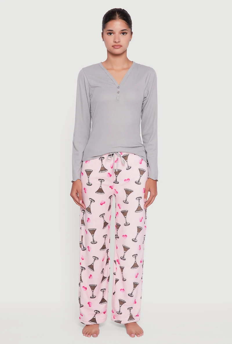 Womens Lettuce Edge Pajama Top and Plush Espresso Martini Graphic Pants, Multi, Size L
