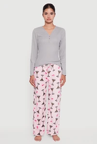 Womens Lettuce Edge Pajama Top and Plush Espresso Martini Graphic Pants, Multi, Size L