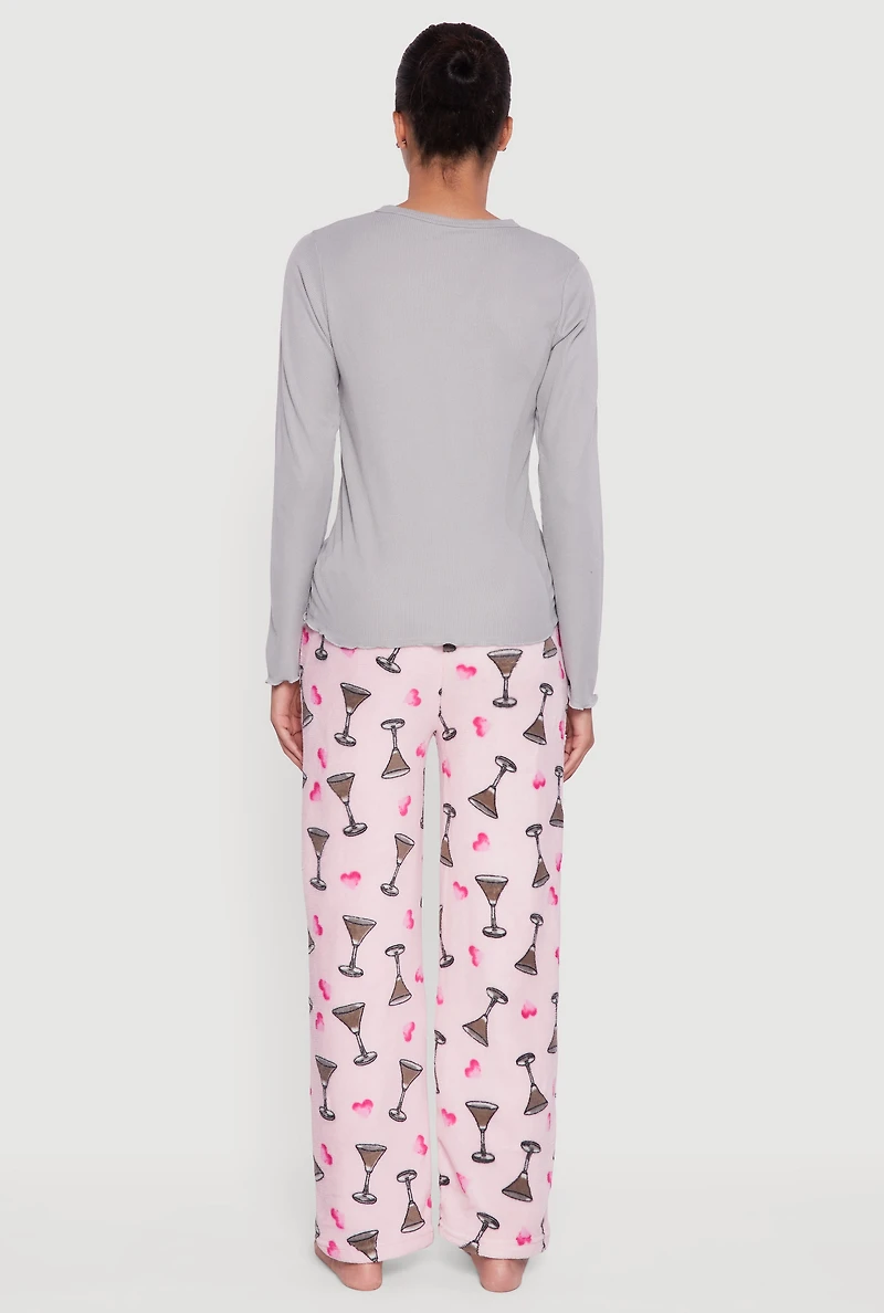 Womens Lettuce Edge Pajama Top and Plush Espresso Martini Graphic Pants, Multi, Size L