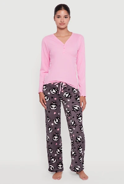 Womens Waffle Knit Pajama Top and Panda Plush Pants 2 Piece Set, Pink, Size L