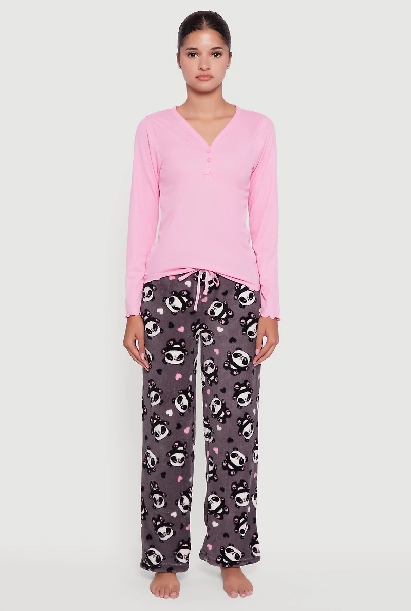 Womens Waffle Knit Pajama Top and Panda Plush Pants 2 Piece Set, Pink, Size L