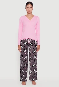 Womens Waffle Knit Pajama Top and Panda Plush Pants 2 Piece Set, Pink, Size L
