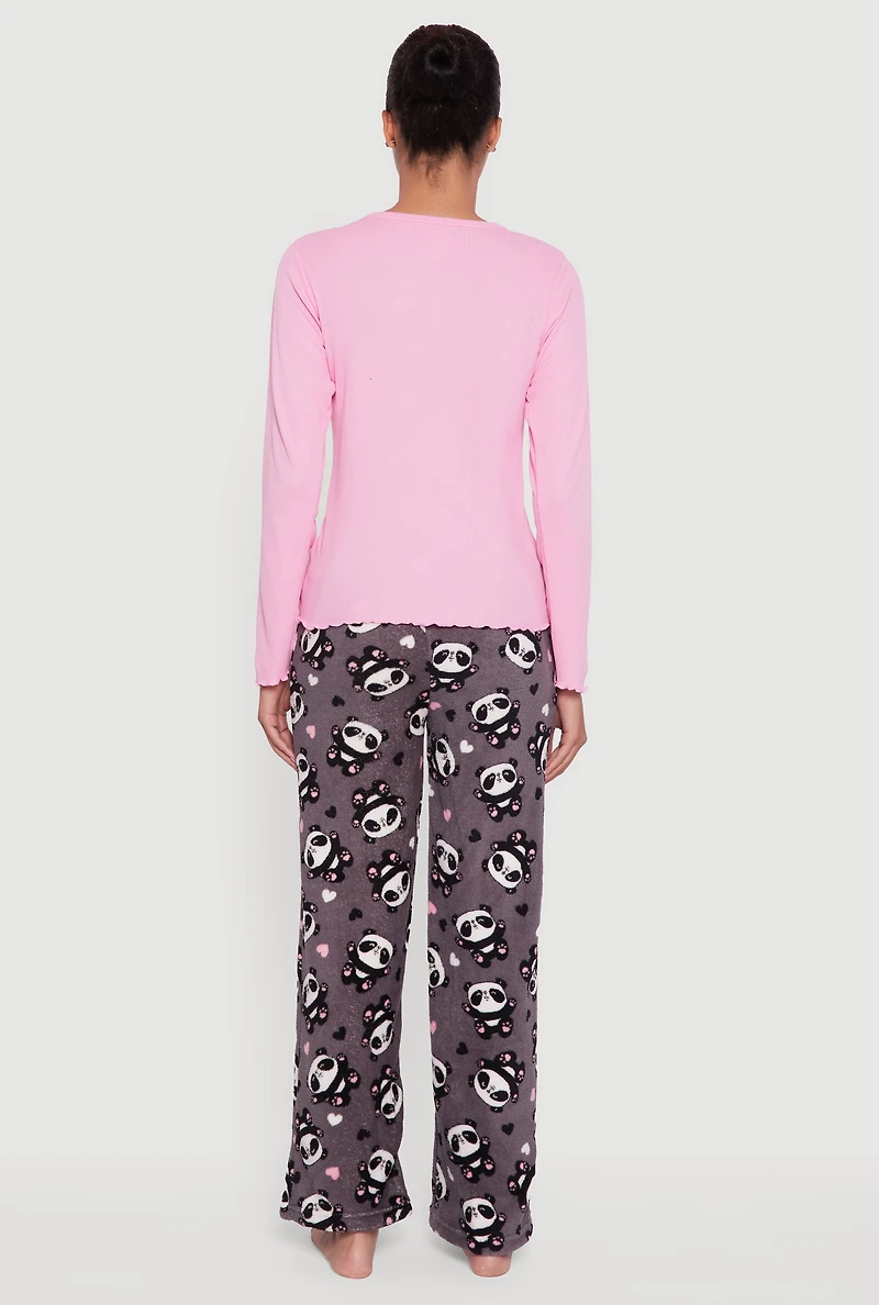 Womens Waffle Knit Pajama Top and Panda Plush Pants 2 Piece Set, Pink, Size L