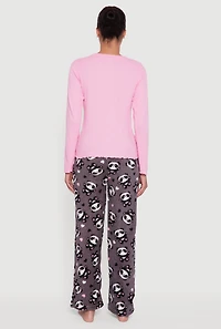 Womens Waffle Knit Pajama Top and Panda Plush Pants 2 Piece Set, Pink, Size L