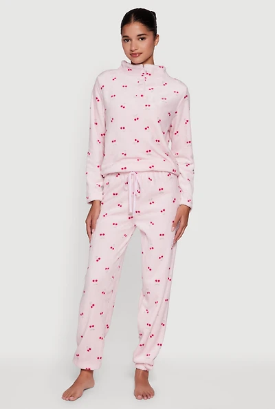 Womens Cherry Print Plush Funnel Neck Pajama Top and Pants Set, Pink, Size S