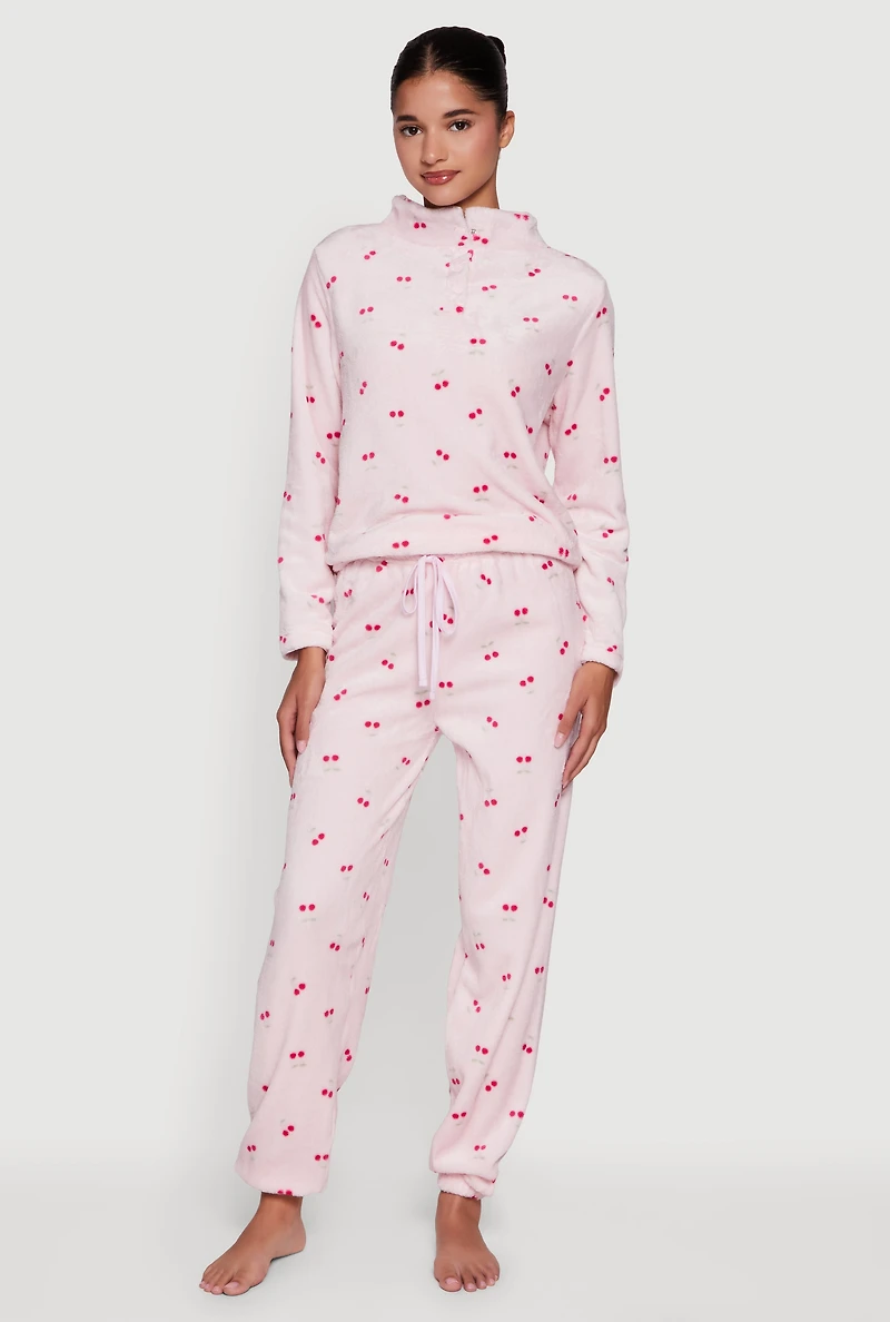 Womens Cherry Print Plush Funnel Neck Pajama Top and Pants Set, Pink, Size M
