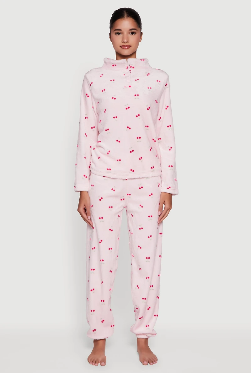 Womens Cherry Print Plush Funnel Neck Pajama Top and Pants Set, Pink, Size S
