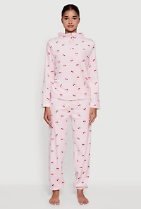 Womens Cherry Print Plush Funnel Neck Pajama Top and Pants Set, Pink, Size S