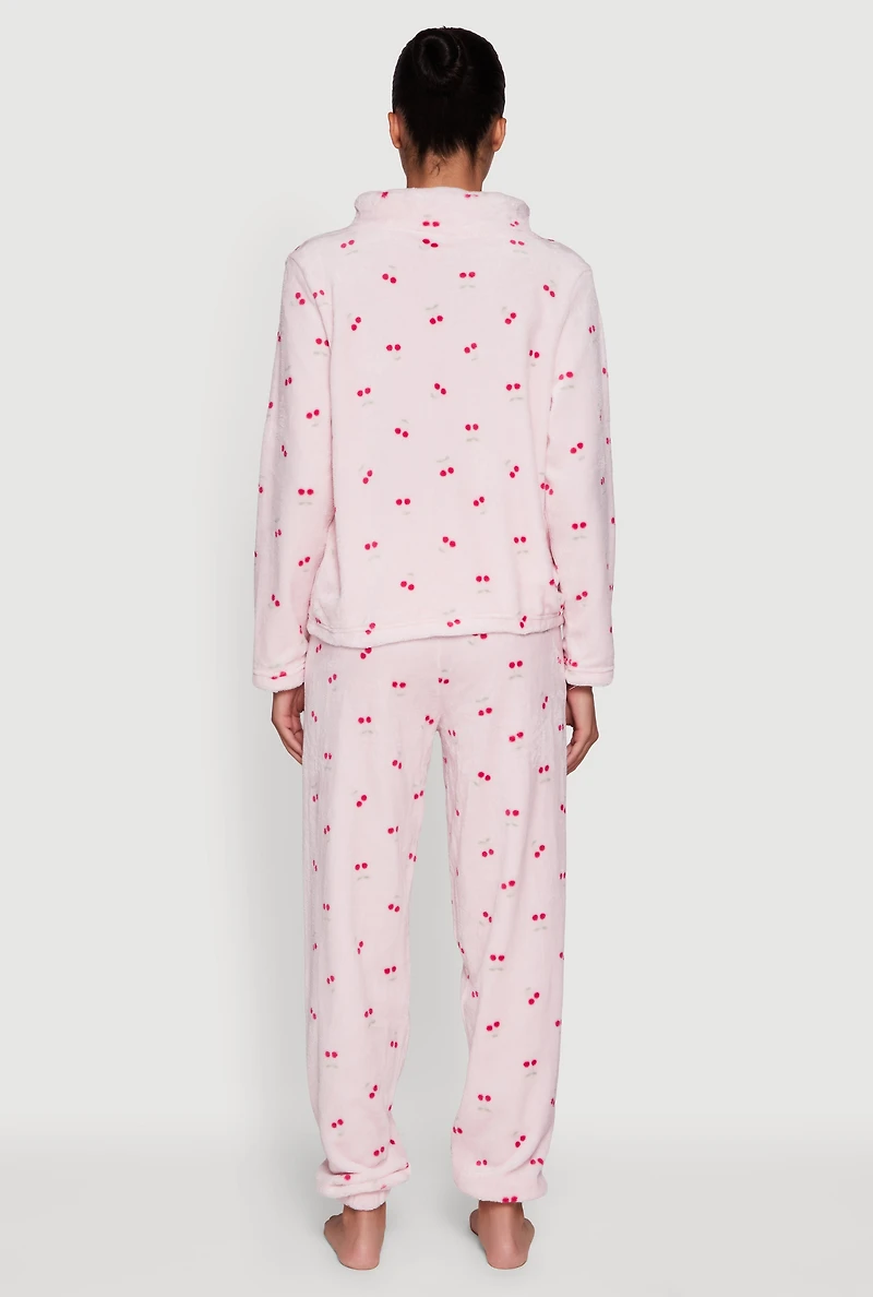 Womens Cherry Print Plush Funnel Neck Pajama Top and Pants Set, Pink, Size S
