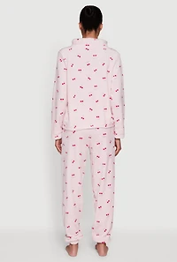Womens Cherry Print Plush Funnel Neck Pajama Top and Pants Set, Pink, Size M