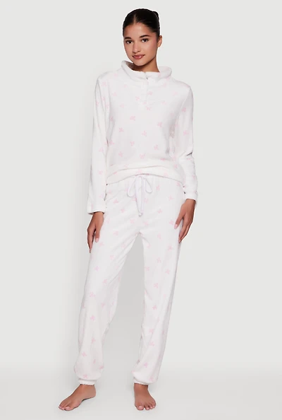 Womens Bow Print Plush Funnel Neck Pajama Top and Pants, White, Size L