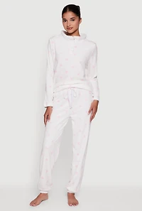 Womens Bow Print Plush Funnel Neck Pajama Top and Pants, White, Size L