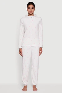 Womens Bow Print Plush Funnel Neck Pajama Top and Pants, White, Size L