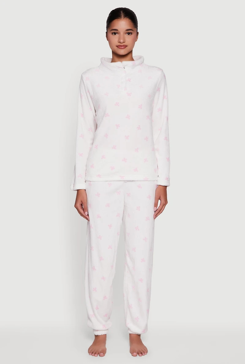 Womens Bow Print Plush Funnel Neck Pajama Top and Pants, White, Size S
