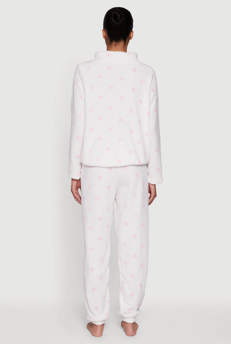 Womens Bow Print Plush Funnel Neck Pajama Top and Pants, White, Size L