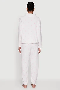 Womens Bow Print Plush Funnel Neck Pajama Top and Pants, White, Size L