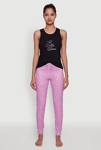 Womens Selfie Queen Graphic Racerback Pajama Top and Pants Set, Purple, Size M