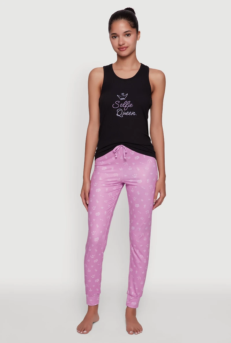 Womens Selfie Queen Graphic Racerback Pajama Top and Pants Set, Purple, Size M