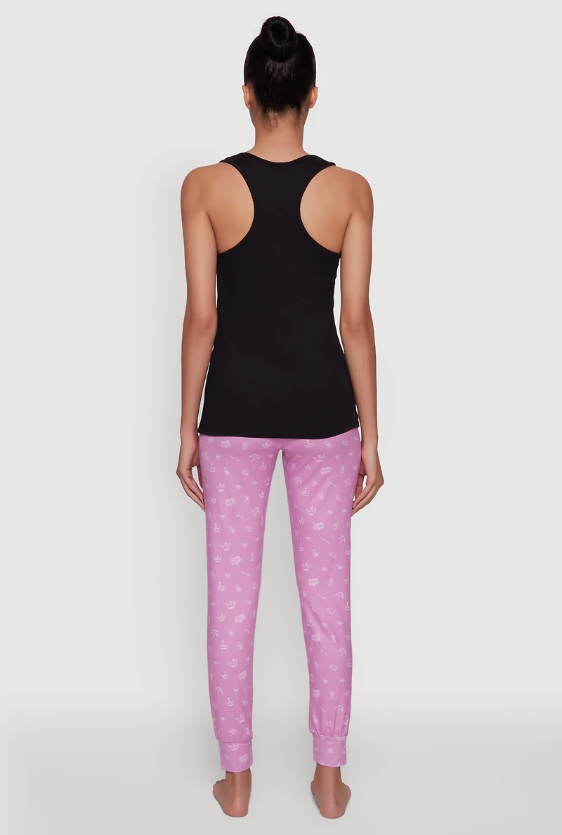 Womens Selfie Queen Graphic Racerback Pajama Top and Pants Set, Purple, Size M