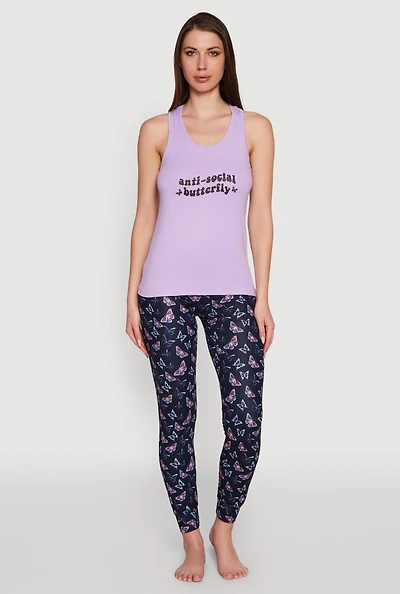 Anti-Social Butterfly Racerback Pajama Top and Pants Set