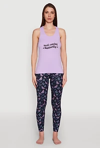 Womens Anti-Social Butterfly Racerback Pajama Top and Pants Set, Purple, Size M