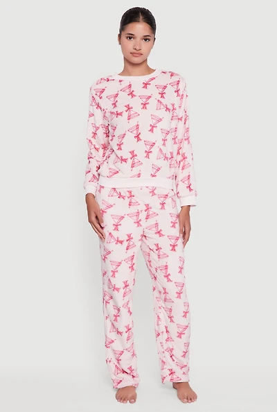 Womens Plush Martini Print Long Sleeve Pajama Top and Pants, Pink, Size S