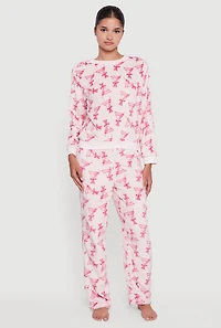 Womens Plush Martini Print Long Sleeve Pajama Top and Pants, Pink, Size S