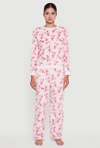 Womens Plush Martini Print Long Sleeve Pajama Top and Pants, Pink, Size S