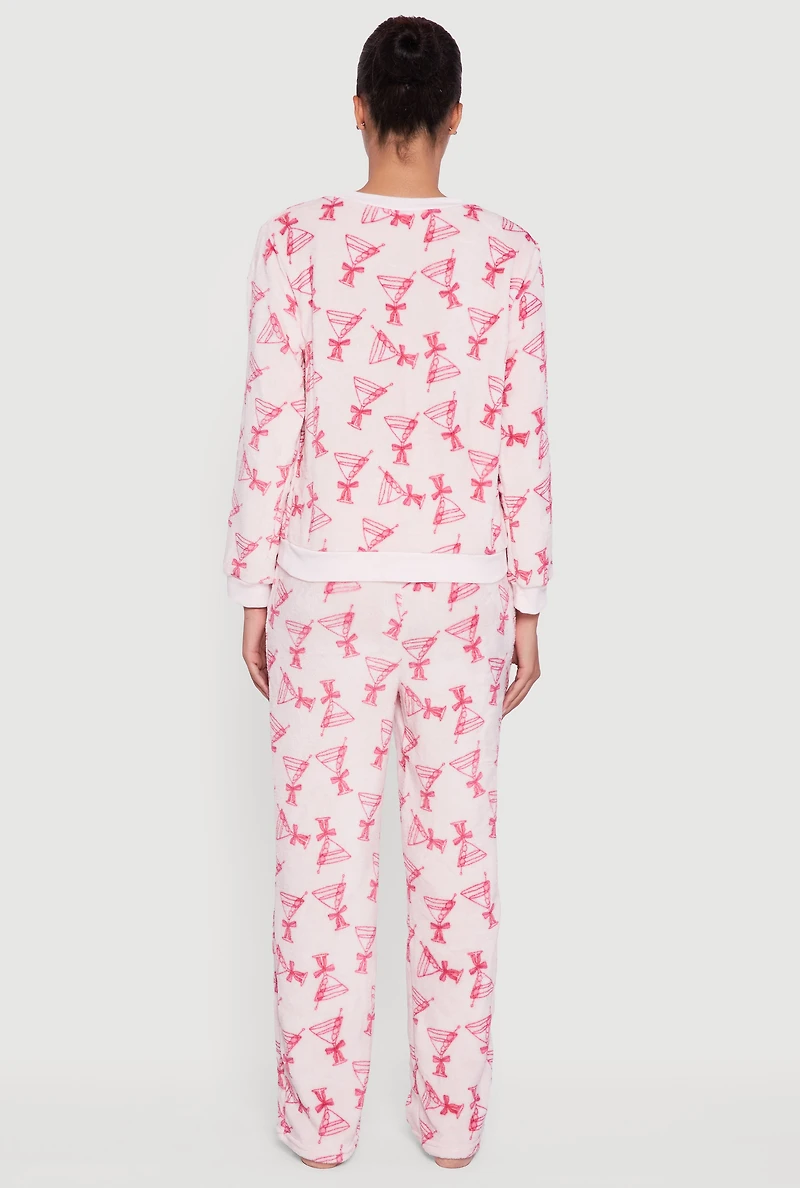 Womens Plush Martini Print Long Sleeve Pajama Top and Pants, Pink, Size S