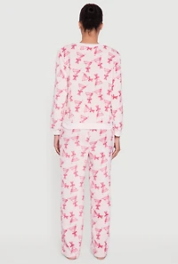 Womens Plush Martini Print Long Sleeve Pajama Top and Pants, Pink, Size S