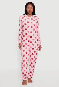 Cherry Bow Print Hooded Long Sleeve Pajama Onesie