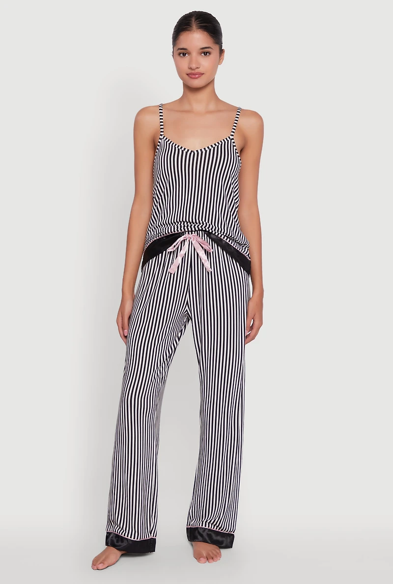Womens Striped Contrast Satin Trim Pajama Cami and Pants Set, Multi, Size S