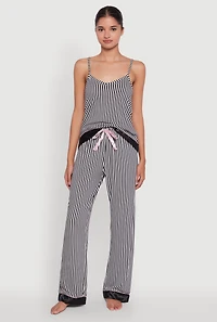 Womens Striped Contrast Satin Trim Pajama Cami and Pants Set, Multi, Size S