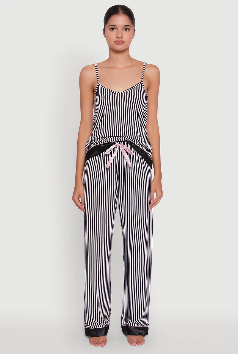 Womens Striped Contrast Satin Trim Pajama Cami and Pants Set, Multi, Size M