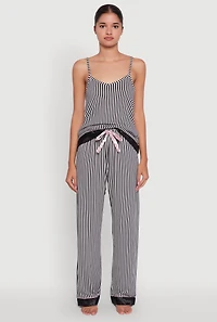 Womens Striped Contrast Satin Trim Pajama Cami and Pants Set, Multi, Size M