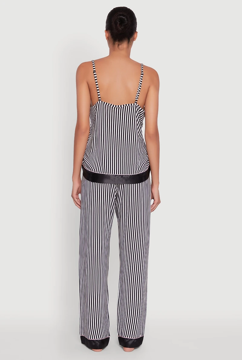 Womens Striped Contrast Satin Trim Pajama Cami and Pants Set, Multi, Size M