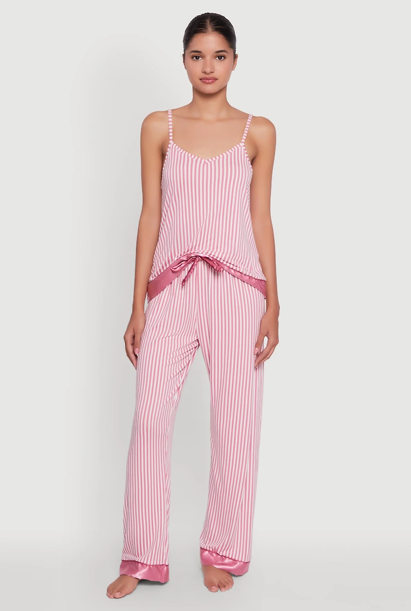 Womens Striped Satin Trim Pajama Cami and Pants, Pink, Size M