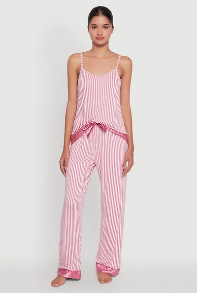 Womens Striped Satin Trim Pajama Cami and Pants, Pink, Size M