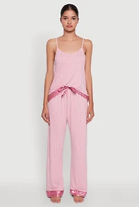 Womens Striped Satin Trim Pajama Cami and Pants, Pink, Size M